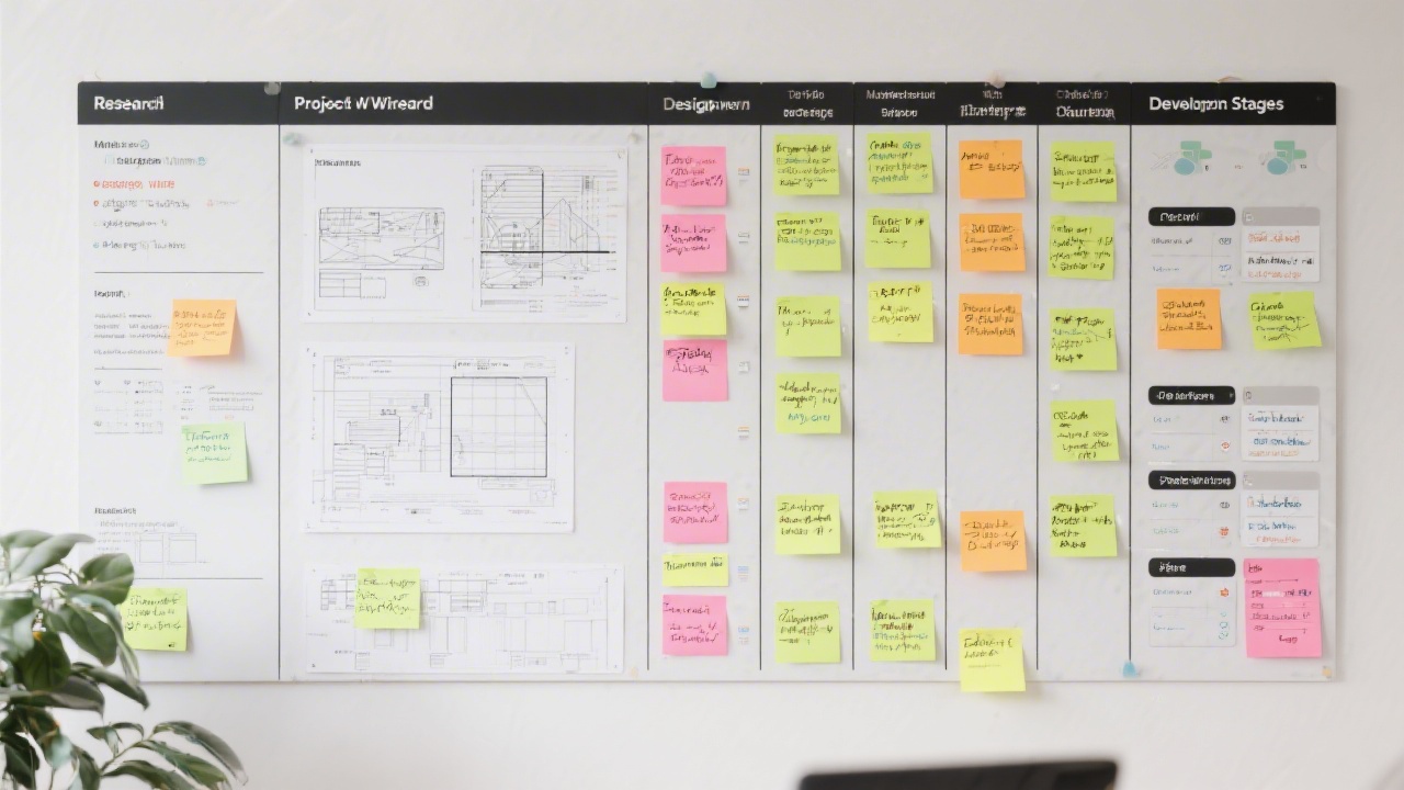 Detailed project workflow board showing research, wireframes, design system, and development stages, neatly arranged with sticky notes and task columns