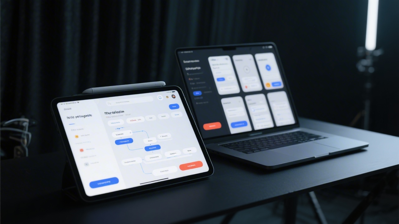 Digital prototype with multiple screen states, buttons and navigation flows, displayed on tablet and laptop in a dark themed studio setup