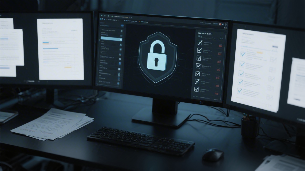 Secure digital workspace with lock icon on screen, documents and checklists organized, dark theme emphasizing privacy and data protection