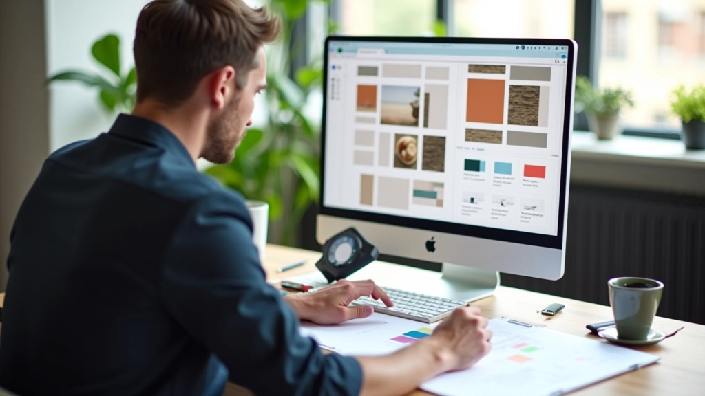 Designer pracuje na počítači s návrhem asymetrické mřížky v Figmě