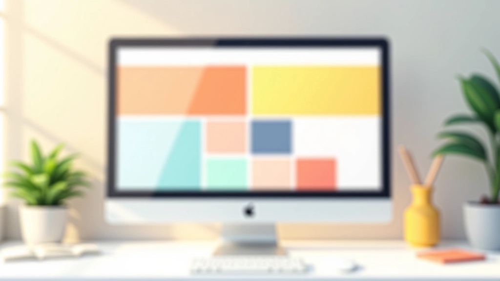 Bento grid layout s různě velkými obdélníkovými dlaždicemi v pestrobarevném designu na počítači