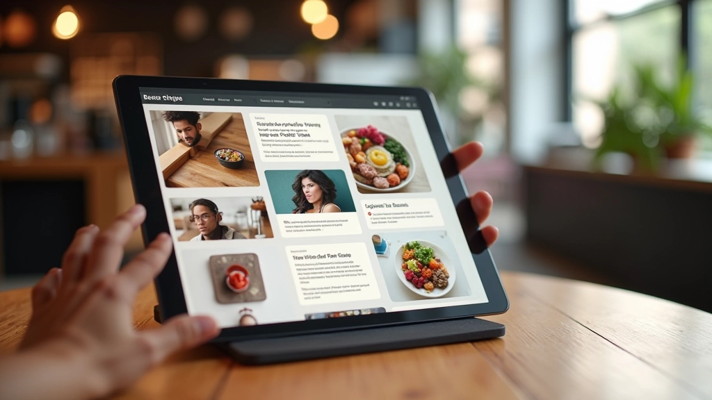 Tablet zobrazující bento layout s různě velkými obdélníkovými prvky na mobilní obrazovce
